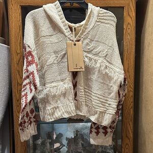 POL Gorgeous fringed, lightweight tribal Beige and brown Hooded Sweater